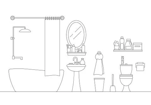 Cozy bathroom linear interior scene with furniture isolated on white backgrou Stock Illustration