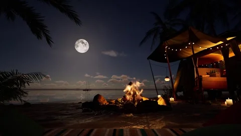 Cozy Beach Night Camping with Relaxing Bonfire Stock Footage 332987085