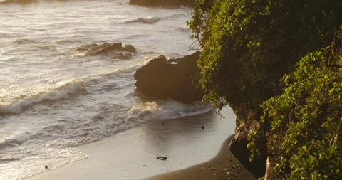 Cozy beach, washed by waves, is hidden under rock Stock Footage 240284167