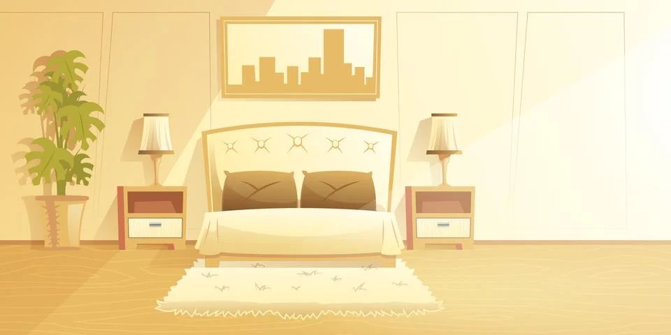 Cozy bedroom with double bed vector interior Stock Illustration
