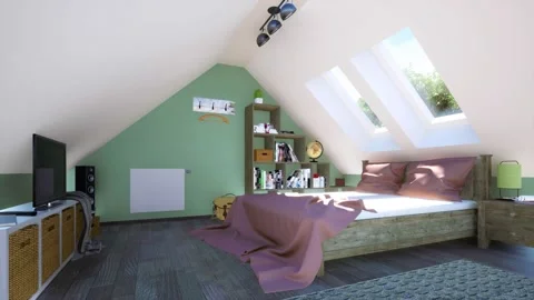 Cozy bedroom interior in attic with double bed 3D animation Vídeo Stock 135768041