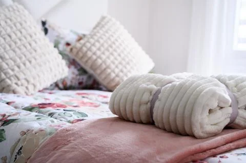 Cozy bedroom interior with bedding Stock Photos