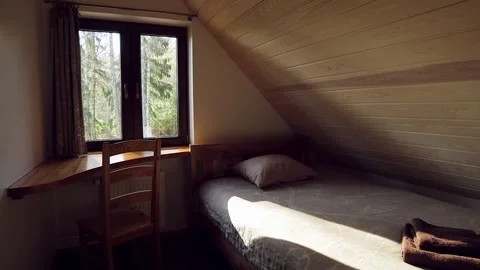 Cozy Bedroom with One Single Bed and Very Small Desk and Chair. Stock Footage 270352579