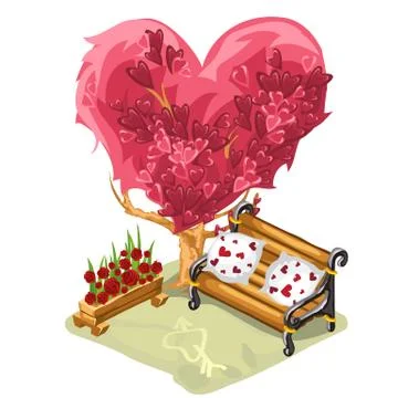 A cozy bench for dates and romantic meetings under the tree with a pink crown in Stock Illustration