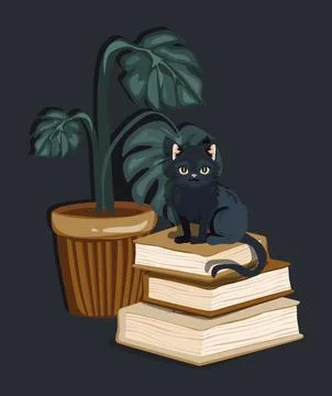 Cozy black cat sitting on a stack of books near by a terracotta plant pot s.. 스톡 일러스트