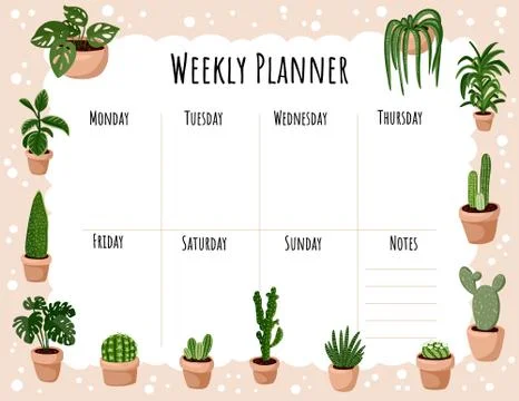 Cozy boho weekly planner and to do list with hygge potted succulent plants or Stock Illustration