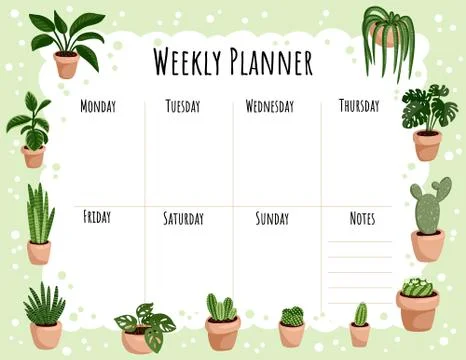 Cozy boho weekly planner and to do list with hygge potted succulent plants or Stock Illustration