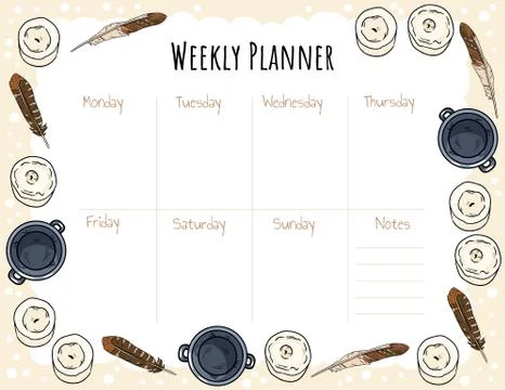 Cozy boho weekly planner and to do list with candles, feathers and cauldrons Stock Illustration
