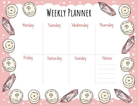 Cozy boho weekly planner and to do list with candles and quartz crystals orna Stock Illustration