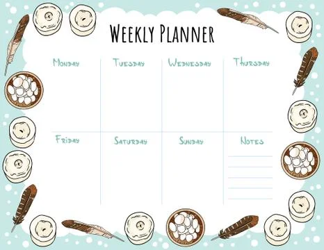 Cozy boho weekly planner and to do list with candles, feathers and pebble orn Stock Illustration