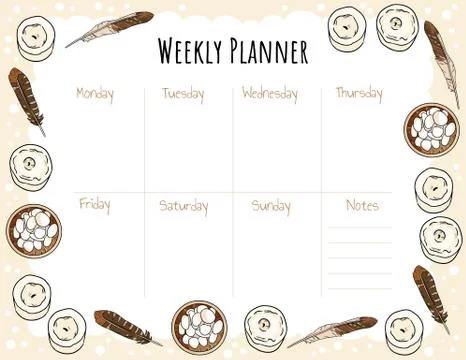 Cozy boho weekly planner and to do list with candles, feathers and pebble orn Illustrazione stock