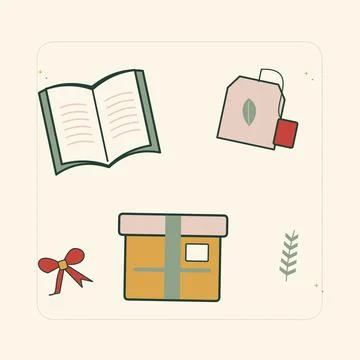 Cozy book gift with tea and knitted ribbon. Decorative flat vector compositio Stock Illustration