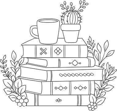 Cozy Books Hand Embroidery Pattern, Coffee and Cactus Hoop Art DIY Stock Illustration