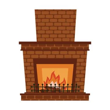 Cozy brick fireplace with burning fire in flat cartoon style. Warm holiday .. Stock Illustration