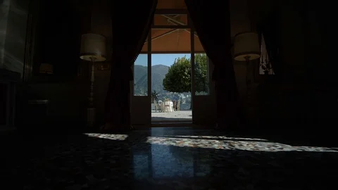 Cozy cafe on the beach. Beautiful view of lake Como on a bright Sunny day. Stock Footage 128054883