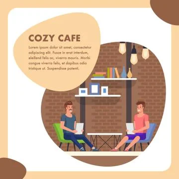Cozy Cafe Flat Square Banner. Modern People Place. Stock Illustration