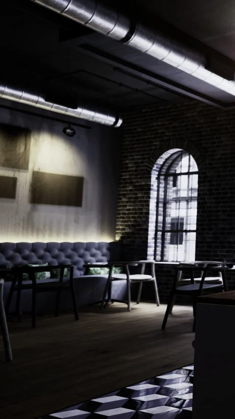 Cozy cafe interior featuring warm lighting and vintage design elements Stock Footage 331691834