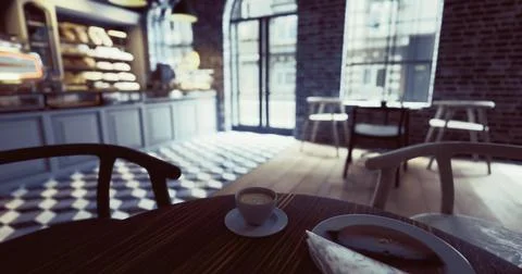 Cozy cafe setting with a coffee cup and a pastry in a bright space Stock Illustration