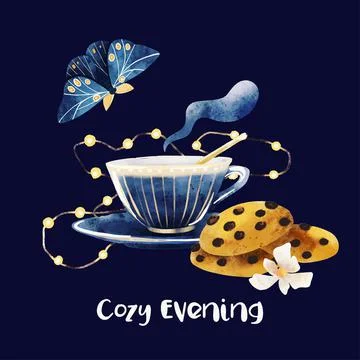 Cozy calm compositiona with tea cup, cookies and led lights Stock Illustration