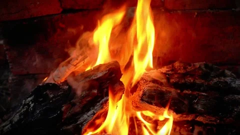 Cozy campfire burning in stone fireplace with crackling sound Stock Footage 341682631