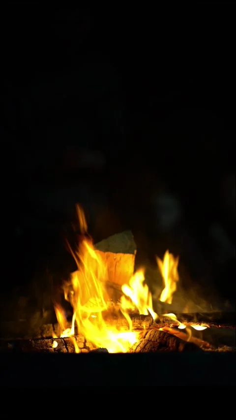 Cozy campfire at night with bright dancing orange flames and flying sparks  Stock Footage 340933075