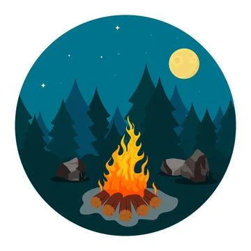 Cozy campfire in the night forest under the full moon vector illustration Stock Illustration