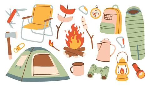 Cozy camping vector element set with tent, campfire, backpack and sleeping bag Stock Illustration