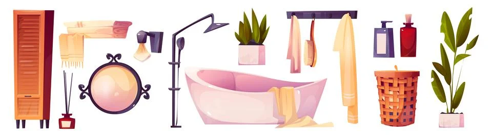 Cozy cartoon bathroom interior elements Stock Illustration