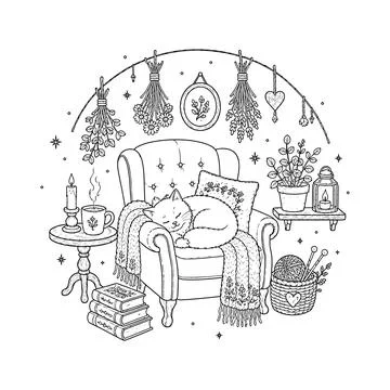 Cozy Cat Hand Embroidery Pattern, Cottagecore Reading Nook Embroidery Stock Illustration