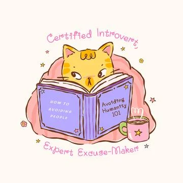Cozy Cat Reading Book, Introvert Bookish Quote Certified Introvert Sticker .. Illustrazione stock