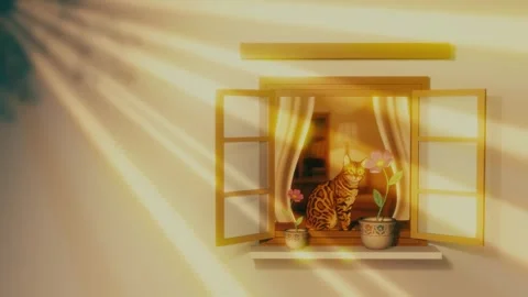 Cozy cat sitting on open window animation, warm sun rays looping lofi Stock Footage 337191065