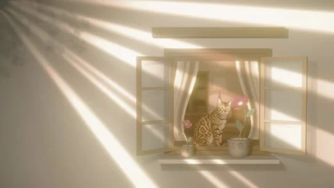 Cozy cat sitting on open window animation, warm sun rays looping lofi Stock Footage 337191097