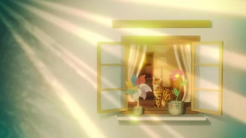 Cozy cat sitting on open window animation, warm sun rays looping lofi Stock Footage 337191136