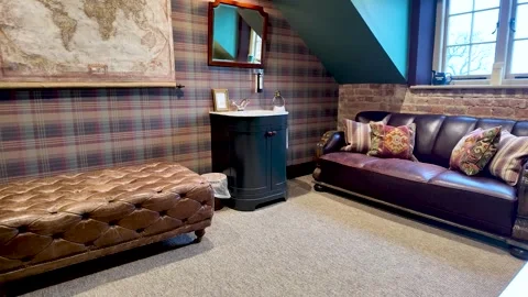 Cozy Chill Out Room Interior With Leather Sofa Ottoman And Plaid Wallpaper In Stock Footage 328292630