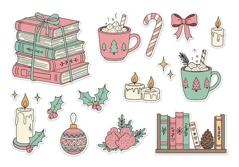 Cozy Christmas Elements: Books, Hot Chocolate, Candles, Holly, Ornaments イラスト素材