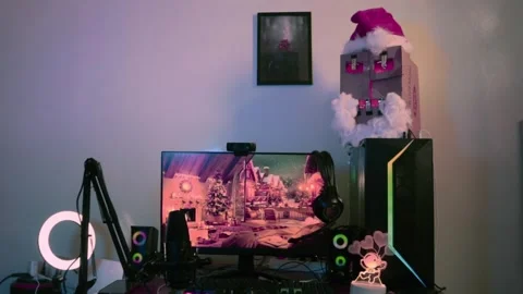 Cozy Christmas Gaming Setup with Festive Decorations Stock Footage 299575168