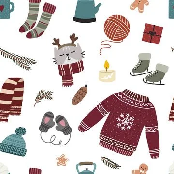 Cozy christmas seamless pattern. Winter holiday decoration. Vector print for Stock Illustration