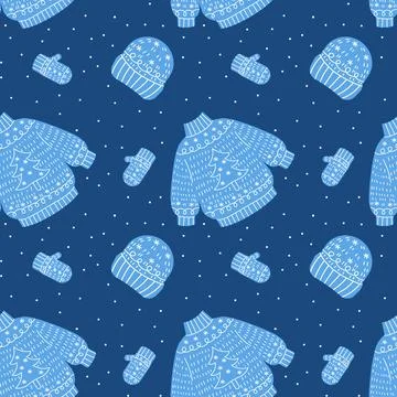 Cozy Christmas warm seamless pattern. Knitted sweater, gat and mittens festiv Stock Illustration