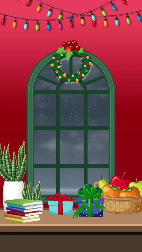 Cozy Christmas Window Sill with Falling Rain Animation Stock Footage 346114739