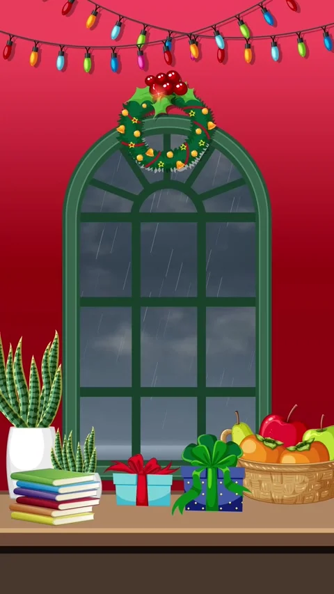 Cozy Christmas Window Sill with Falling Rain Animation Stock Footage 346435942