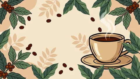 Cozy Coffee Cup with Coffee Beans and Green Leaves Background Video stock 344377296