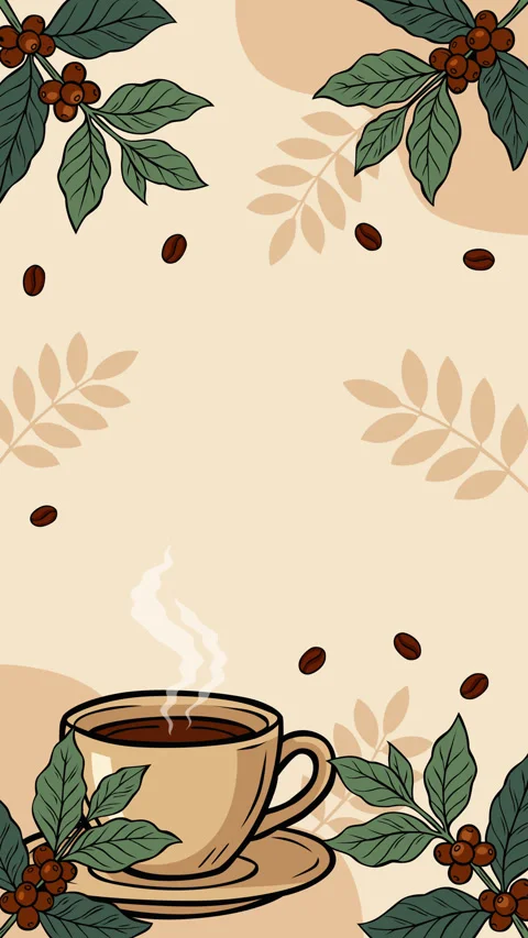 Cozy Coffee Cup Motion Graphic Background with Steam, Beans and Botanical Le Stock Footage 344620081