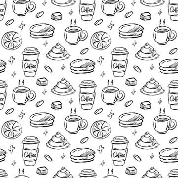 Cozy coffee doodle pattern with cups, pastries, and coffee beans in a charm.. Stock Illustration