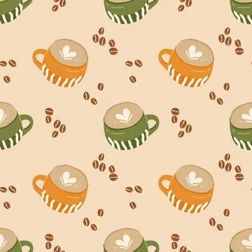 Cozy coffee seamless pattern with striped mugs latte art and roasted coffee b Stock Illustration