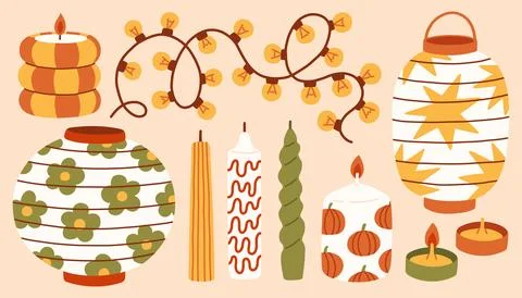 A cozy collection of autumn lighting elements including decorative candles イラスト素材