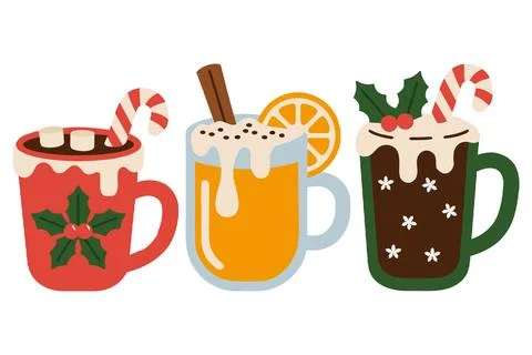 Cozy collection of vector hot drinks for christmas and winter holidays Illustrazione stock