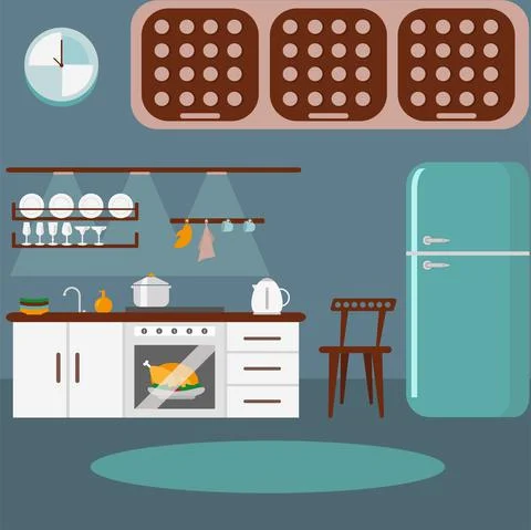 Cozy color flat kitchen. Vector graphics. Stock Illustration