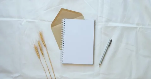 Cozy composition in bed. Envelope, note, pen and ears on a white sheet Stock Footage 226941462