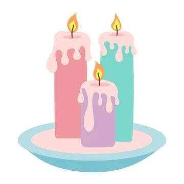 Cozy composition with burning candles.  Hand drawn candles with wax on a pl.. Stock Illustration