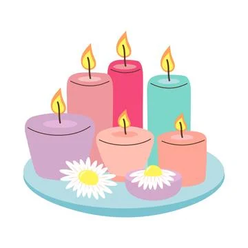 Cozy composition with burning candles. Hand drawn candles with chamomiles Stock Illustration